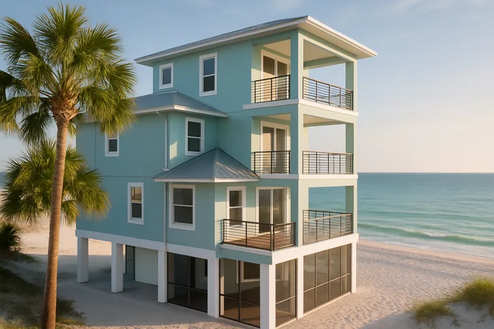 Clearwater Beach Florida coastal STR townhouse exterior with palm trees